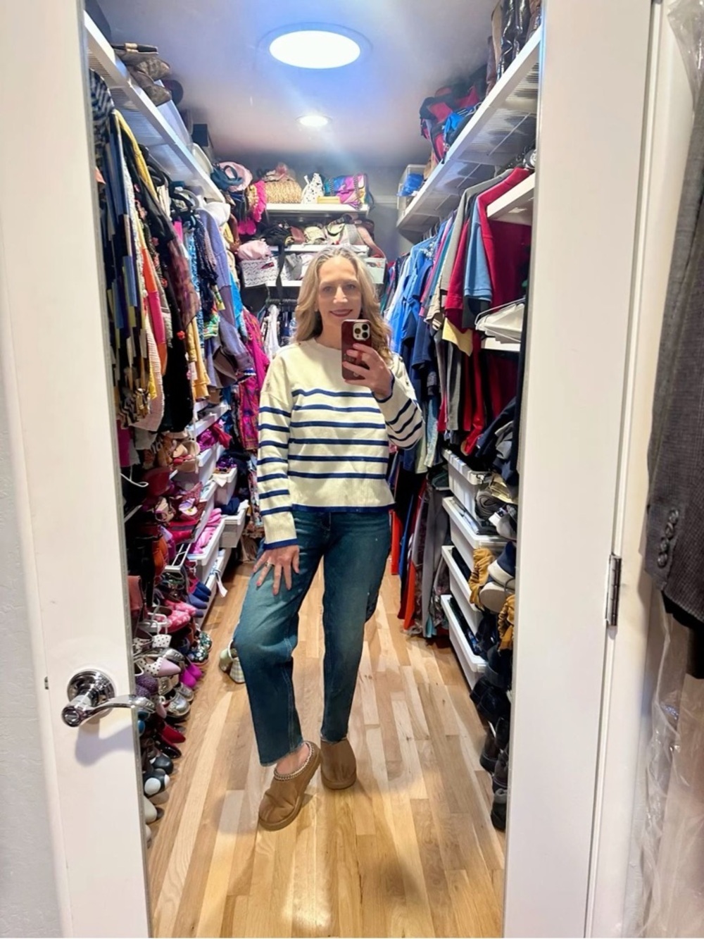 Mossimo Dutti Striped Blue and Cream Button Shoulder Sweater Women’s M
